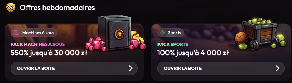 Offres hebdomadaires Mad Casino — pack machines à sous et pack sports