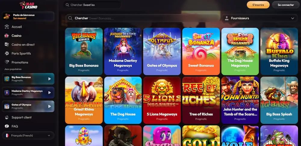 Lobby du casino Mad Casino avec les machines à sous populaires